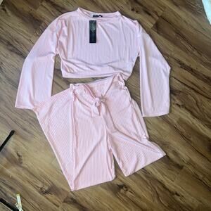 NWT  Pink Ribbed Two Piece Set Size Small Cropped Top High Waist Flare Pants